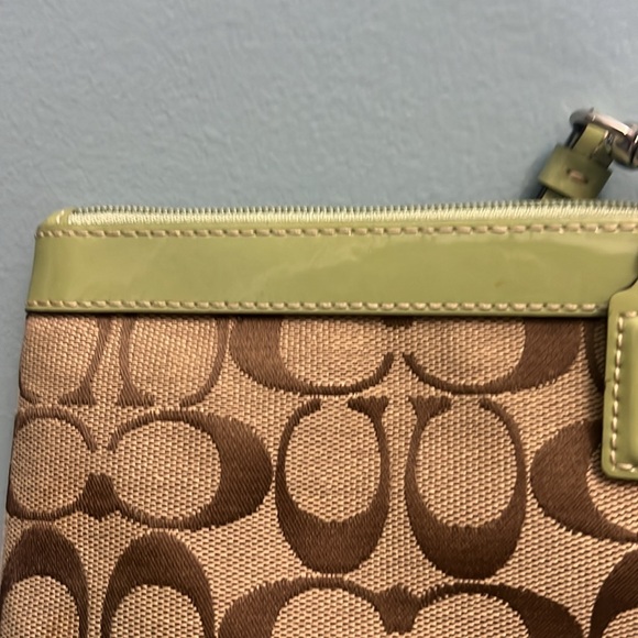 Coach signature brown, green leather trim wristlet - Picture 8 of 15